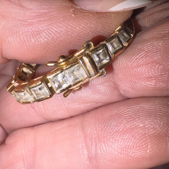 VTG Sterling Silver 925  14kt Gold Plated Princess Cut CZ Tennis Bracelet 8 In - Picture 8 of 12